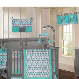 Gray and Teal Chevron Baby Crib Bedding Set With baby Elephants.